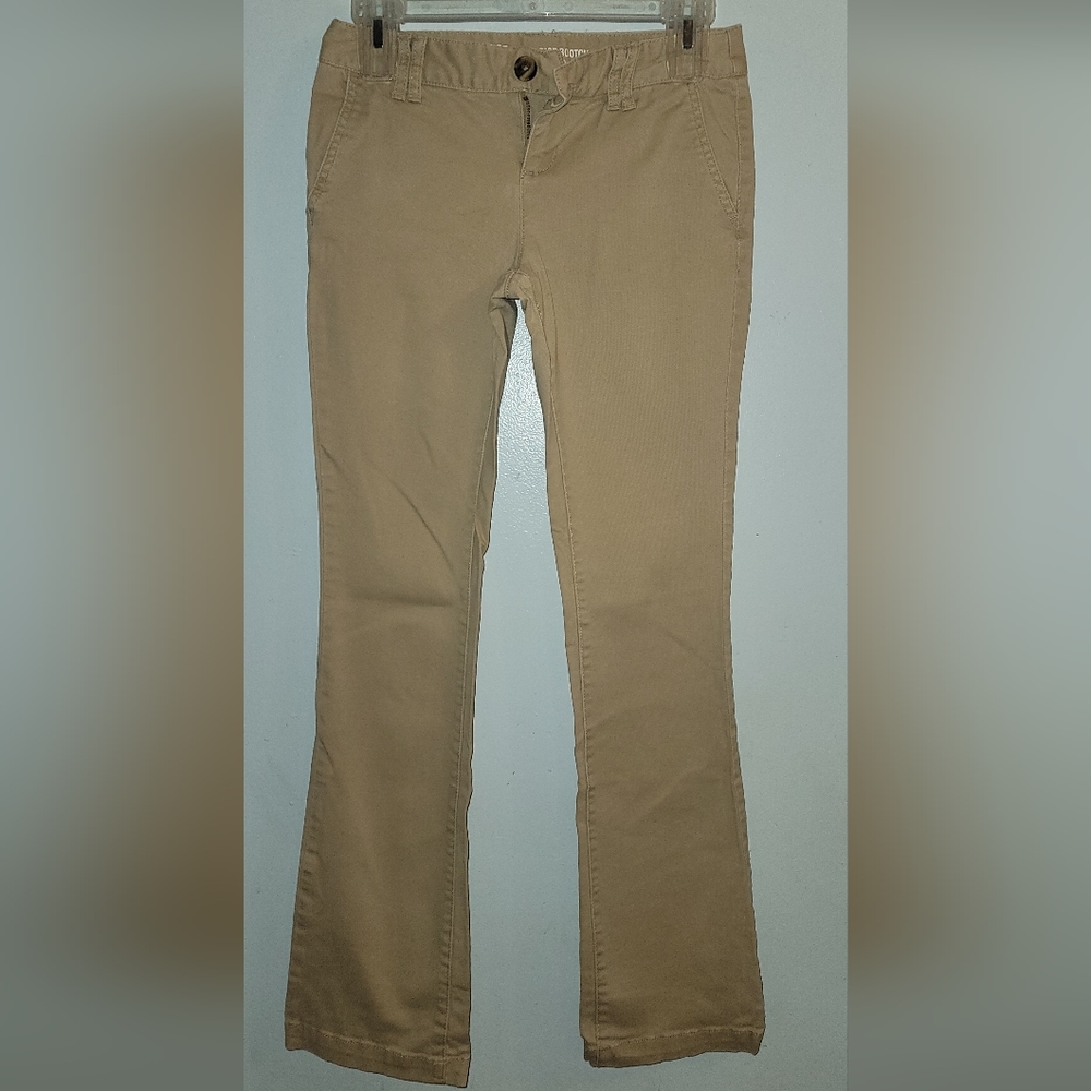 Tan beige slacks pants side and back pockets midrise boot cut khakis